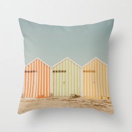 Pastel Candy Striped Beach Huts - summer beach photography by Ingrid Beddoes Throw Pillow