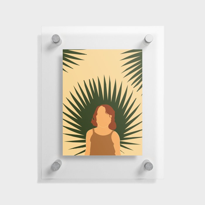 Tropical Reverie - Modern Minimal Illustration 01 - Girl with palm leaf - Tropical Aesthetic - Brown Floating Acrylic Print