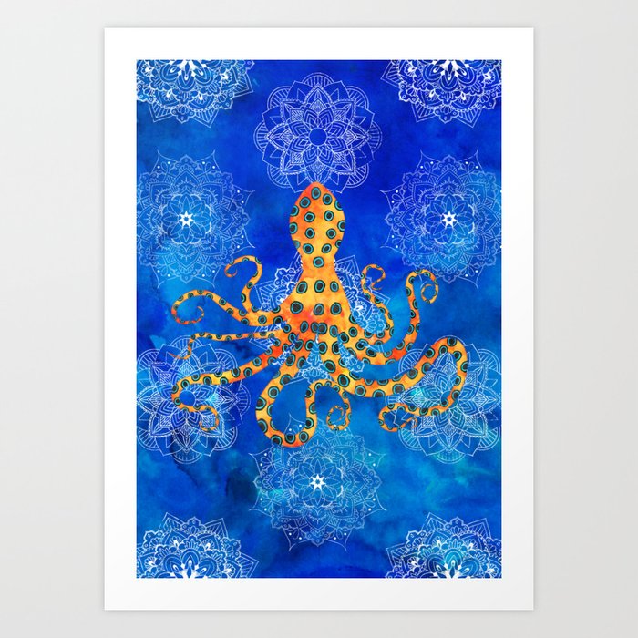 Watercolor Blue Ringed Octopus Mandalas Pattern Art Print