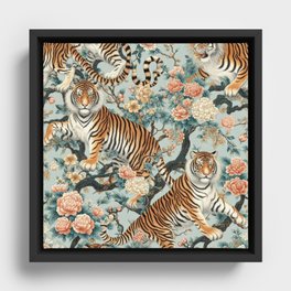 Chinoiserie Tiger Floral Pattern Framed Canvas