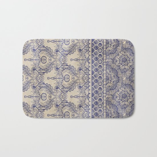 Vintage Wallpaper - hand drawn patterns in navy blue & cream Bath Mat