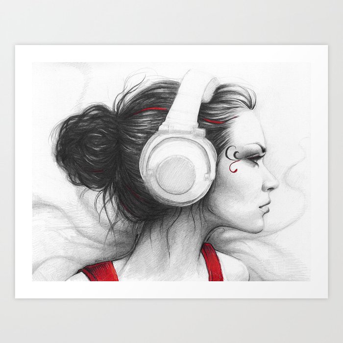 I Love Music | Girl in Headphones Art Print