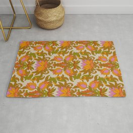 Orange, Pink Flowers and Green Leaves 1960s Retro Vintage Pattern Area & Throw Rug