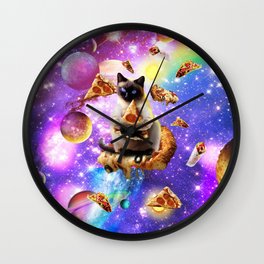 Space Siamese Cat Eating Pizza In Rainbow Galaxy Wall Clock