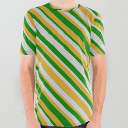 [ Thumbnail: Green, Light Gray, and Goldenrod Colored Striped Pattern All Over Graphic Tee ]
