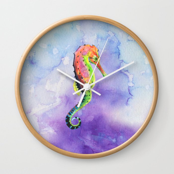 Colorful Watercolor Seahorse Wall Clock