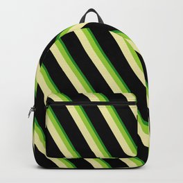 [ Thumbnail: Green, Pale Goldenrod, Black, and Forest Green Colored Pattern of Stripes Backpack ]