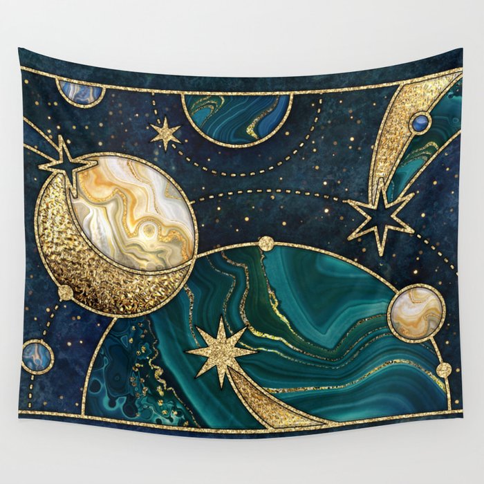 Celestial Starry Emerald Gold Cosmos Wall Tapestry