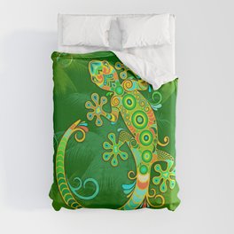 Gecko Lizard Colorful Tattoo Style Duvet Cover
