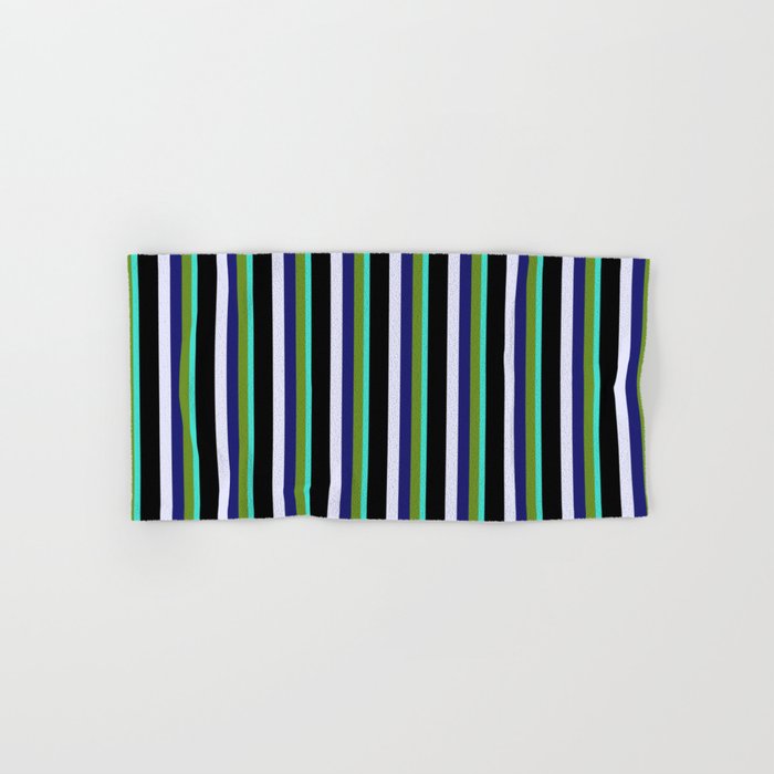 Eye-catching Turquoise, Green, Midnight Blue, Lavender, and Black Colored Striped Pattern Hand & Bath Towel