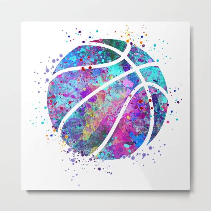 Basketball Ball Colorful Blue Purple Watercolor Art Metal Print
