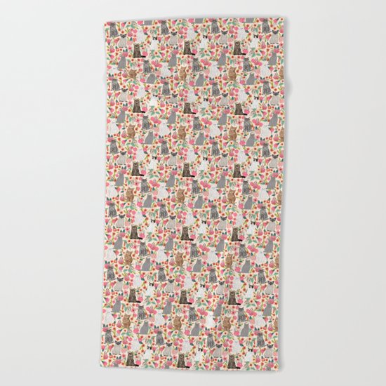Cat Flowers cute spring summer garden cat lady pattern gift for cat person cat breed pet portraits Beach Towel