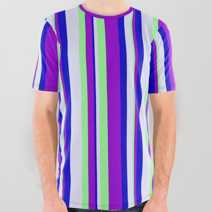 Lavender, Green, Dark Violet, and Blue Colored Lined/Striped Pattern All Over Graphic Tee