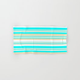 [ Thumbnail: White, Aqua & Tan Colored Striped/Lined Pattern Hand & Bath Towel ]