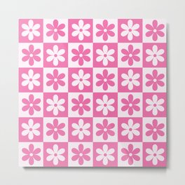 Hot pink and white checkered cute retro flower pattern Metal Print
