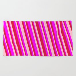 [ Thumbnail: Fuchsia, Crimson, and Pink Colored Striped/Lined Pattern Beach Towel ]