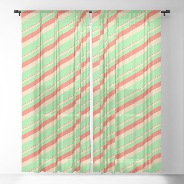 Red, Tan & Light Green Colored Lines Pattern Sheer Curtain