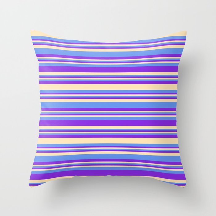 Purple, Beige, and Cornflower Blue Colored Striped/Lined Pattern Throw Pillow