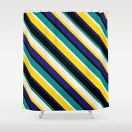 [ Thumbnail: Eye-catching Dark Cyan, Beige, Yellow, Midnight Blue, and Black Colored Lined Pattern Shower Curtain ]