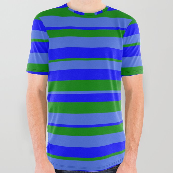 All Over Graphic Tee | Blue, Green & Royal Blue Colored Stripes/lines Pattern by Aponxdesigns - X-Large - Society6
