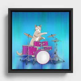 Cat Playing Drums - Blue Framed Canvas