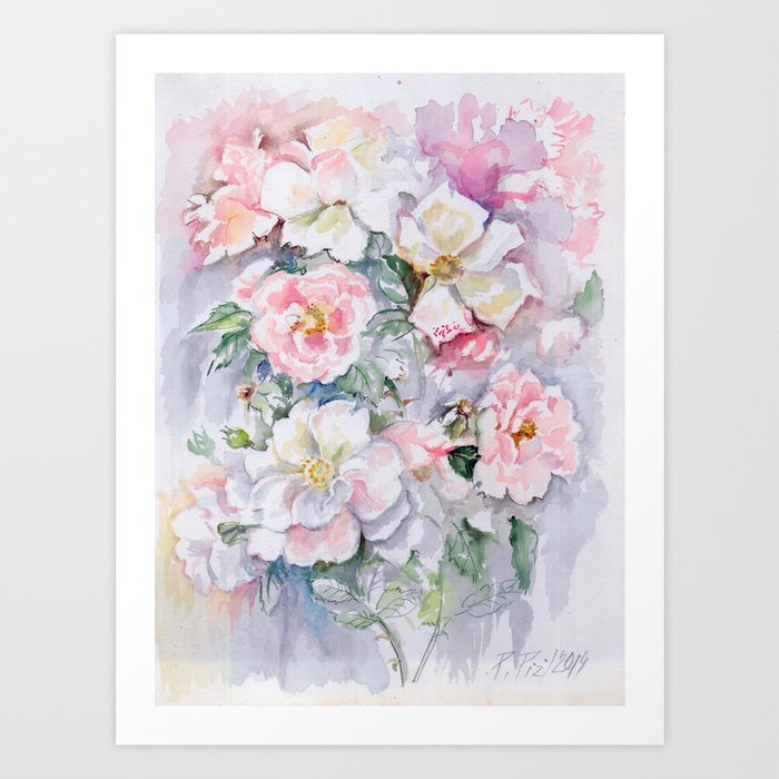 White Wild Roses Watercolor Painting White Pink Rose Flower