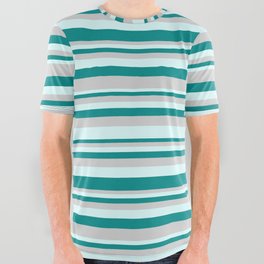 [ Thumbnail: Light Grey, Light Cyan, and Dark Cyan Colored Stripes Pattern All Over Graphic Tee ]