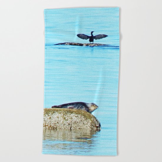 Seal pup and Cormorant getting some Sun Beach Towel