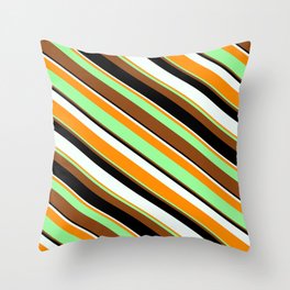 [ Thumbnail: Eyecatching Mint Cream, Dark Orange, Green, Brown, and Black Colored Lines/Stripes Pattern Throw Pillow ]