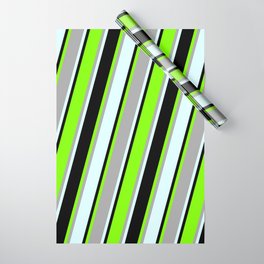 [ Thumbnail: Chartreuse, Dark Gray, Light Cyan, and Black Colored Stripes/Lines Pattern Wrapping Paper ]