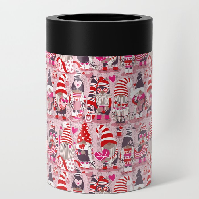 I gnome you more // pastel pink background red and pink Valentine's Day gnomes and motifs Can Cooler