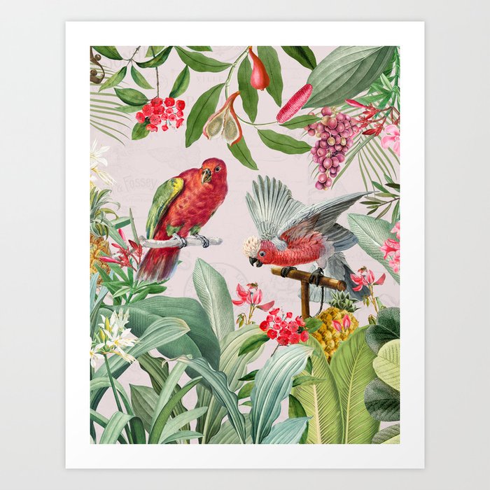 Red Parrots In Tropical Vintage Rainforest  Art Print
