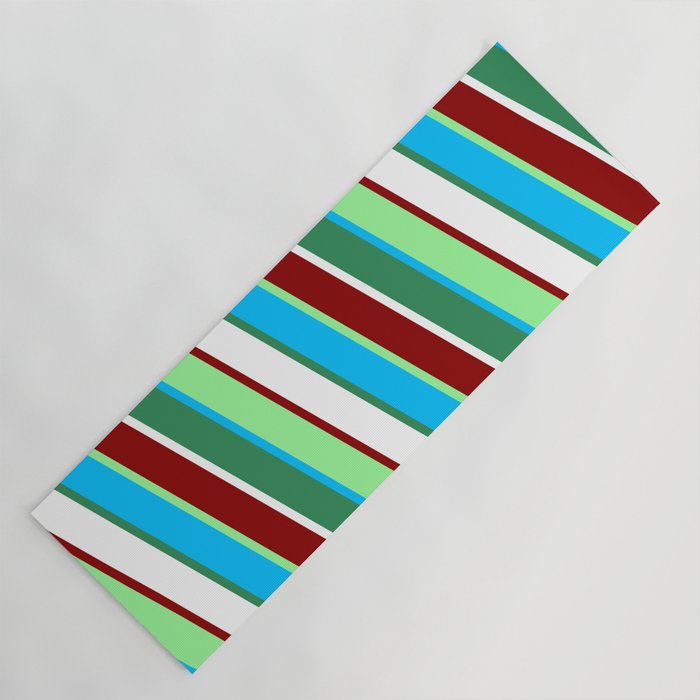 Vibrant Green, Deep Sky Blue, Sea Green, White & Dark Red Colored Lines Pattern Yoga Mat