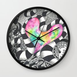 Watercolor Heart with Black and White Doodles Wall Clock | Chanukah, Hand Drawn, Doodle, White, Valentine, Holiday, Streetart, Amour, Black, Drawing 