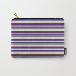 [ Thumbnail: Medium Slate Blue, Tan, Dark Green & Purple Colored Pattern of Stripes Carry-All Pouch ]