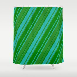 [ Thumbnail: Forest Green, Green & Light Sea Green Colored Pattern of Stripes Shower Curtain ]