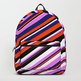 [ Thumbnail: Eyecatching Violet, Midnight Blue, Red, Black & White Colored Lines/Stripes Pattern Backpack ]