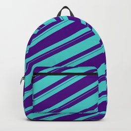 [ Thumbnail: Indigo & Turquoise Colored Striped/Lined Pattern Backpack ]