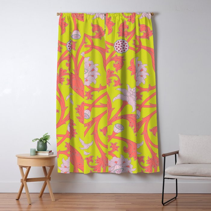 Oriental Lotus Pattern In Acid Lime And Coral Pink Blackout