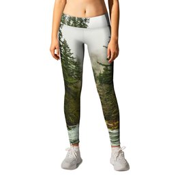 Wanderlust Forest River - Mountain Adventure in Foggy Woods Leggings | Photo, Illustration, Foggy, Color, Graphicdesign, Pacificnorthwest, Mountain, Forest, River, Landscape 