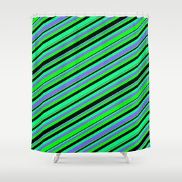 [ Thumbnail: Green, Medium Slate Blue, Lime & Black Colored Stripes/Lines Pattern Shower Curtain ]