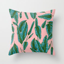 Green and Pink Banana Leafs Throw Pillow