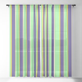 [ Thumbnail: Green, Yellow, Dark Slate Blue & Beige Colored Stripes/Lines Pattern Sheer Curtain ]