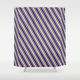 [ Thumbnail: Tan & Midnight Blue Colored Lines/Stripes Pattern Shower Curtain ]