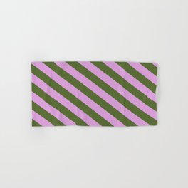 [ Thumbnail: Plum & Dark Olive Green Colored Lines/Stripes Pattern Hand & Bath Towel ]