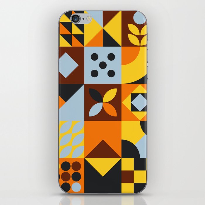 Mid Century Modern Geometric Checkers Pattern | Marigold yellow, Blue, Orange, Brown & Black iPhone Skin