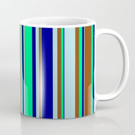 [ Thumbnail: Dark Blue, Green, Brown, and Powder Blue Colored Lines/Stripes Pattern Coffee Mug ]