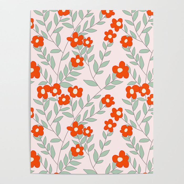 Sweet red floral seamless pattern design with mint green leaves on pink  Poster