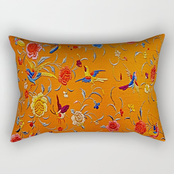 Embroidered Birds and Flowers on Orange  Rectangular Pillow