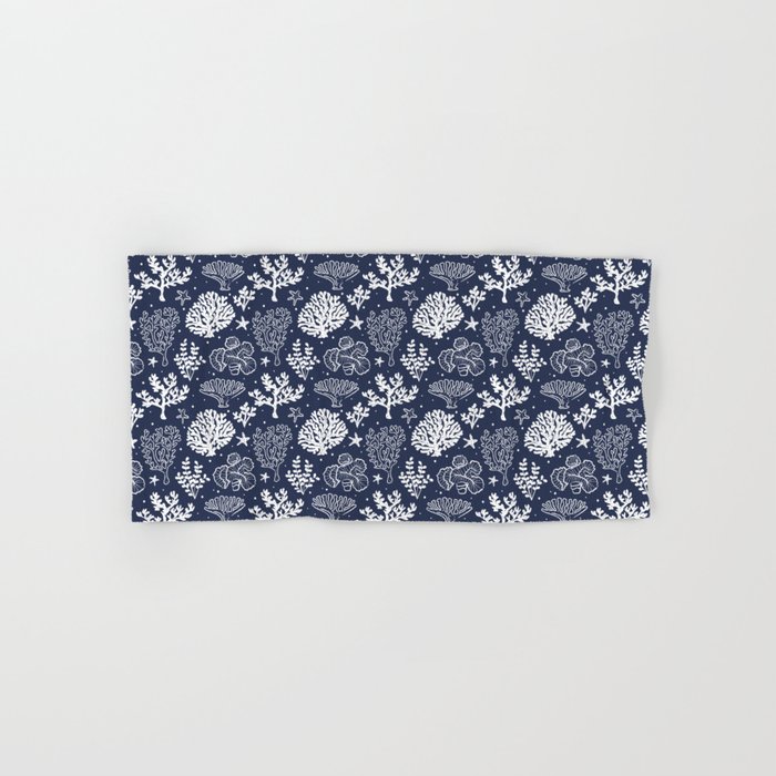 Navy Blue And White Coral Silhouette Pattern Hand & Bath Towel